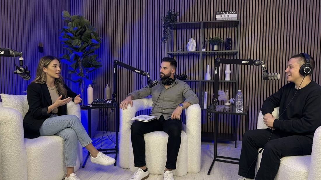 A podcast in progress at Loft studio — three people recording